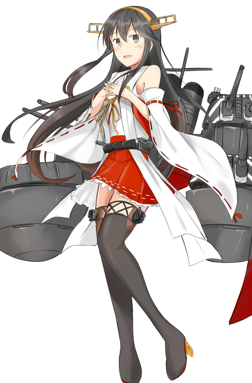 1girl :d bare_shoulders black_footwear black_hair boots brown_eyes camouflage dazzle_paint detached_sleeves eyebrows_visible_through_hair full_body hair_between_eyes hair_ornament hairclip hands_on_own_chest haruna_(kancolle) headgear highres kantai_collection long_hair looking_at_viewer machinery nontraditional_miko open_mouth red_skirt remodel_(kantai_collection) simple_background skirt smile smokestack solo subaru_izumi thigh_boots thighhighs turret white_background