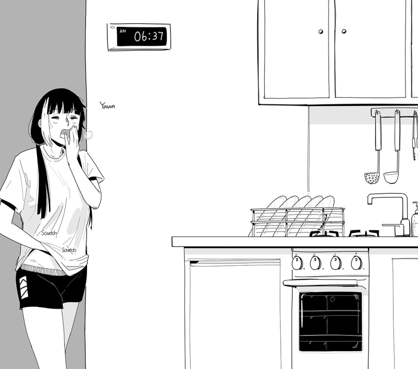 1girl cabinet covering_mouth dishes faucet girls'_frontline greyscale hand_over_own_mouth hand_under_clothes hand_under_shirt huqu indoors ladle low_twintails monochrome multicolored_hair open_mouth oven ro635_(girls'_frontline) shirt short_shorts short_sleeves shorts sink solo streaked_hair timestamp twintails yawning