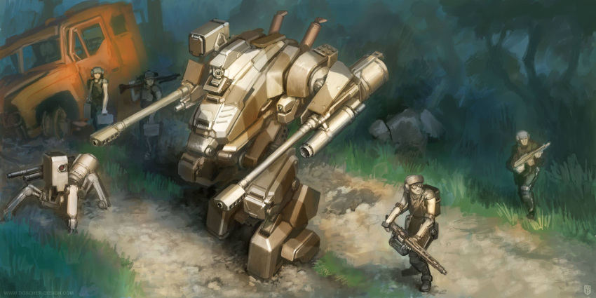 4boys arm_cannon english_commentary forest ground_vehicle gun helmet highres holding holding_gun holding_weapon looking_to_the_side mecha mike_doscher motor_vehicle multiple_boys nature one-eyed original outdoors over_shoulder soldier solo_focus truck walker weapon weapon_over_shoulder