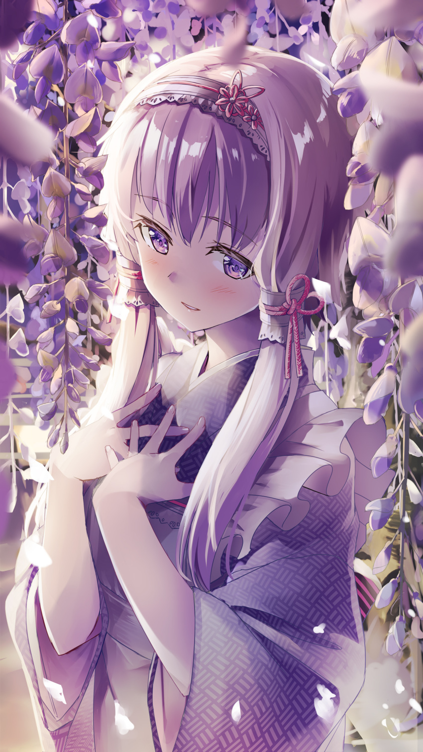 1girl absurdres apron bangs blush commentary daidou_(demitasse) eyebrows_visible_through_hair flower frilled_apron frills hair_ornament hair_tie hands_on_own_chest highres japanese_clothes kimono looking_at_viewer maid_headdress plant purple_eyes purple_flower purple_hair purple_kimono shiny shiny_hair short_hair_with_long_locks solo upper_body vines vocaloid voiceroid wa_maid wide_sleeves wisteria yuzuki_yukari