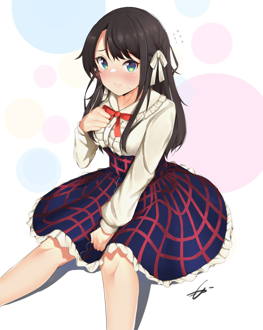 1girl absurdres bangs black_hair blue_eyes blue_skirt blush bow breasts center_frills commentary_request eyebrows_visible_through_hair feet_out_of_frame flying_sweatdrops frilled_shirt_collar frilled_skirt frills hand_on_own_chest hand_up high-waist_skirt highres hololive long_hair long_sleeves looking_at_viewer medium_breasts meme_attire mocacoco339 oozora_subaru plaid plaid_skirt puffy_long_sleeves puffy_sleeves red_bow shirt signature simple_background sitting skirt solo sweatdrop virgin_killer_outfit virtual_youtuber white_shirt