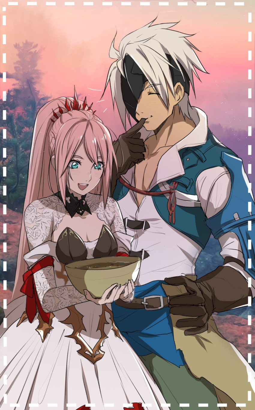 1boy 1girl absurdres alphen_(tales) armor bangs blue_eyes bowl braid breasts broken_mask cleavage closed_mouth cooking dark-skinned_male dark_skin dress finger_in_mouth food highres lace_sleeves long_hair mask open_mouth pink_hair ponytail shionne_(tales) shoulder_armor sidelocks silver_hair tales_of_(series) tales_of_arise tasting tusia very_long_hair
