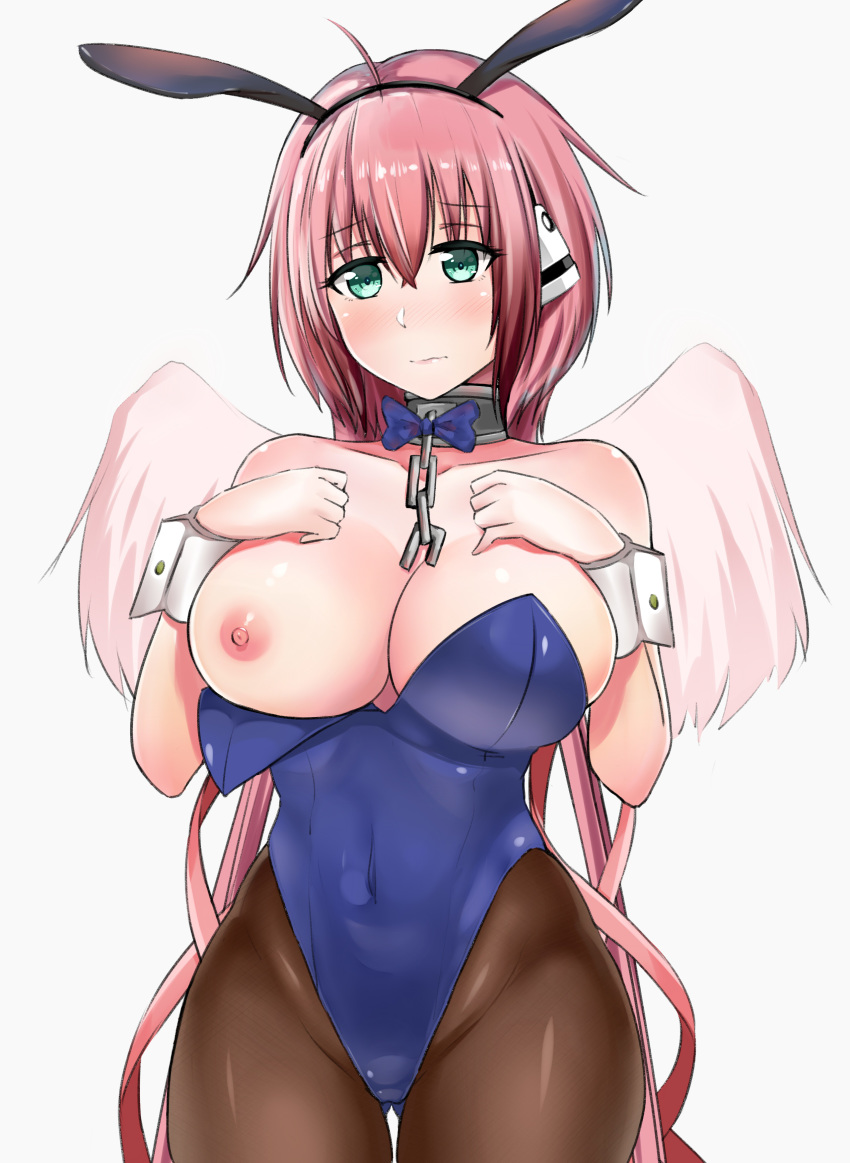 1girl absurdres angel animal_ears aqua_eyes areolae bangs bare_shoulders blue_leotard blush bow bowtie breasts breasts_outside brown_legwear bunny_ears bunnysuit chains closed_mouth collar collarbone cowboy_shot gluteal_fold gradient_hair hair_between_eyes hands_on_own_chest highleg highleg_leotard highres ikaros large_breasts leotard long_hair multicolored_hair nipples nose_blush one_breast_out pantyhose pink_hair pink_wings robot_ears solo sora_no_otoshimono strapless strapless_leotard twintails very_long_hair wings wrist_cuffs ying_jing_meng