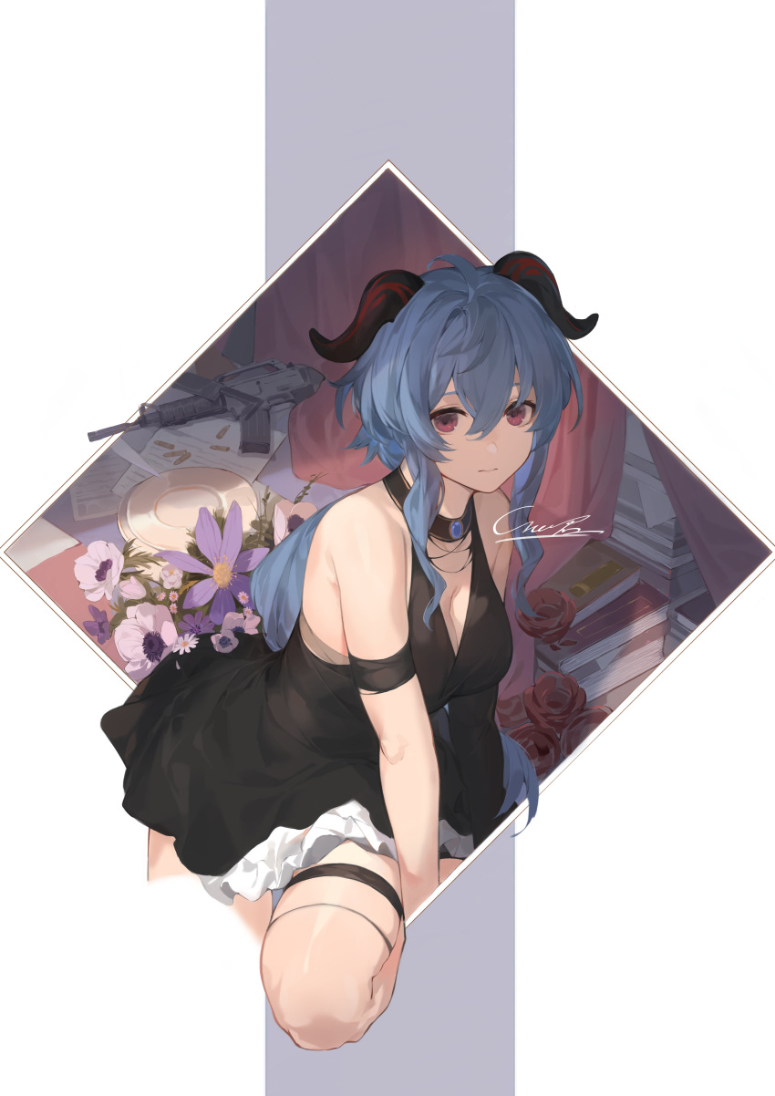 1girl absurdres ahoge arm_strap assault_rifle bangs bare_shoulders black_dress blue_hair book breasts car-15 cartridge cleavage closed_mouth commentary_request cropped_legs dress flower ganyu_(genshin_impact) genshin_impact goat_horns gun hair_between_eyes highres horns large_breasts long_hair looking_at_viewer mushi_c_jun outside_border paper purple_eyes purple_flower red_flower rifle short_dress signature simple_background sleeveless sleeveless_dress solo thigh_strap very_long_hair weapon white_flower