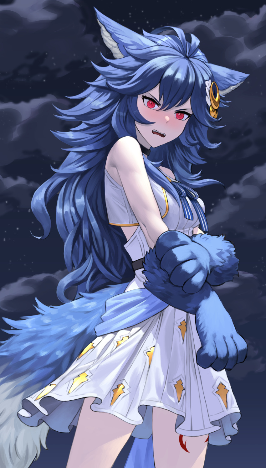 1girl absurdres ahoge animal_ears animal_hands arm_grab bangs blue_hair blue_ribbon breasts choker cloud commentary cowboy_shot crescent crescent_hair_ornament dress fangs fenrir_(shingeki_no_bahamut) granblue_fantasy hair_ornament highres light_blush long_hair looking_at_viewer medium_breasts neck_ribbon night night_sky open_mouth outdoors red_eyes ribbon shou_illust sky solo star_(sky) tail teeth upper_teeth white_dress wolf_ears wolf_tail