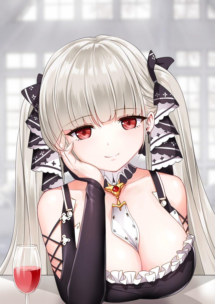 1girl absurdres alcohol arm_support azur_lane bangs blunt_bangs blurry breasts cleavage collarbone commentary_request cup depth_of_field detached_sleeves drinking_glass earrings eyebrows_visible_through_hair formidable_(azur_lane) hair_ribbon head_rest highres jewelry large_breasts long_hair looking_at_viewer maid md5_mismatch red_eyes resolution_mismatch ribbon sidelocks silver_hair smile solo sony_kisaragi source_smaller twintails wine wine_glass