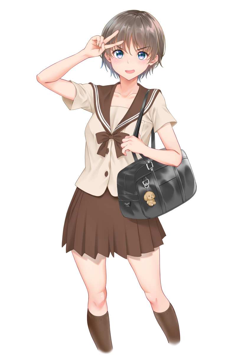 1girl bag bag_charm bangs blush bow bowtie breasts brown_bow brown_bowtie brown_hair brown_legwear brown_sailor_collar brown_shirt brown_skirt charm_(object) collarbone commentary doyagao eyebrows_visible_through_hair hair_between_eyes hand_to_head highres holding holding_bag holding_strap kneehighs looking_at_viewer nora_shinji open_mouth original pleated_skirt pose purple_eyes sailor_collar salute school_bag school_uniform serafuku shirt short_hair short_sleeves simple_background skirt small_breasts smile smug solo standing stuffed_animal stuffed_dog stuffed_toy v v-shaped_eyebrows white_background