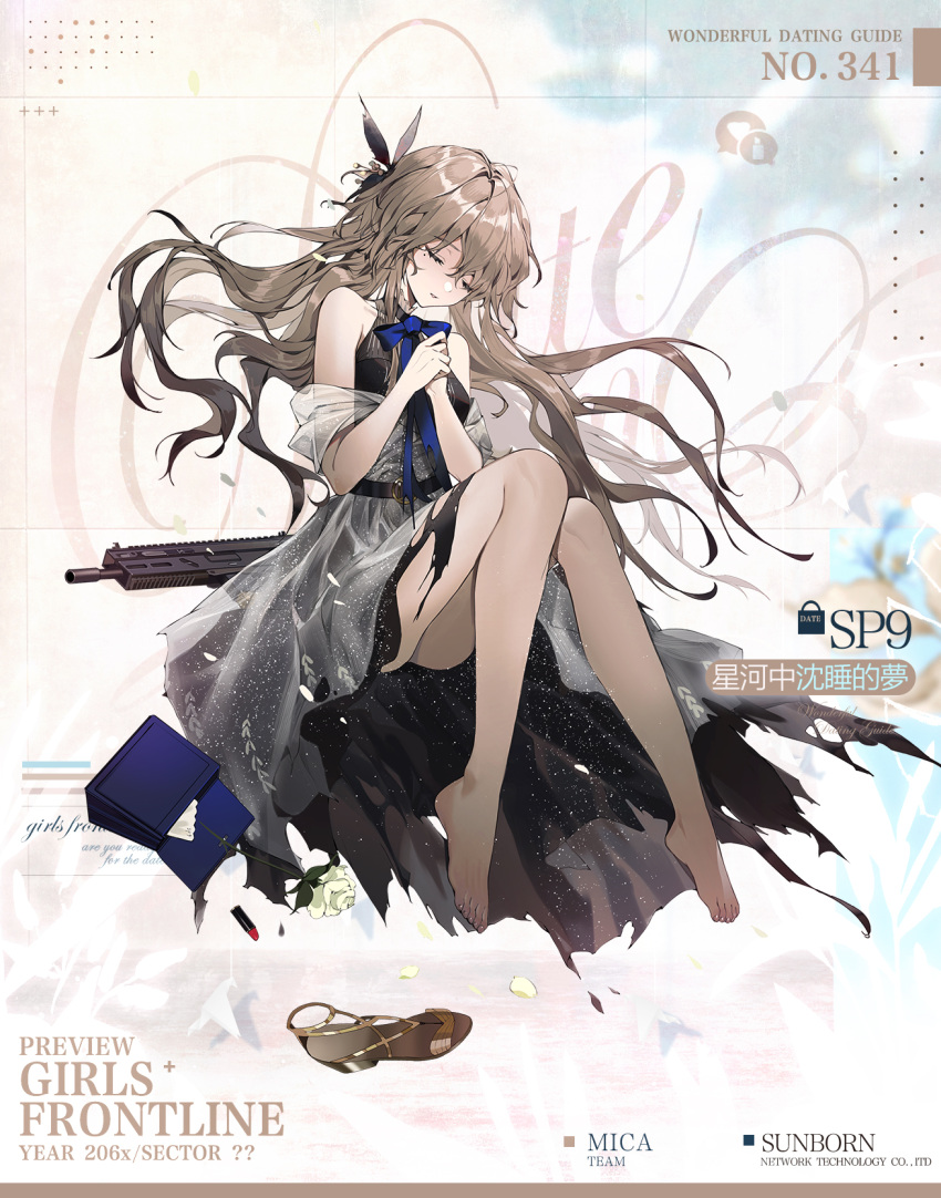 1girl bag_removed bare_legs bare_shoulders barefoot belt black_belt black_dress blonde_hair blue_bow blue_bowtie bow bowtie breasts character_name closed_eyes closed_mouth copyright_name cosmetics dress eyebrows_visible_through_hair flower girls'_frontline gun hair_flower hair_ornament hand_on_hand highres lipstick_tube long_hair medium_breasts mole mole_under_eye official_art petals rose shoe_removed sitting solo sp9_(girls'_frontline) stribog_sp9 submachine_gun toes torn_clothes torn_dress weapon white_dress white_flower white_rose youamo