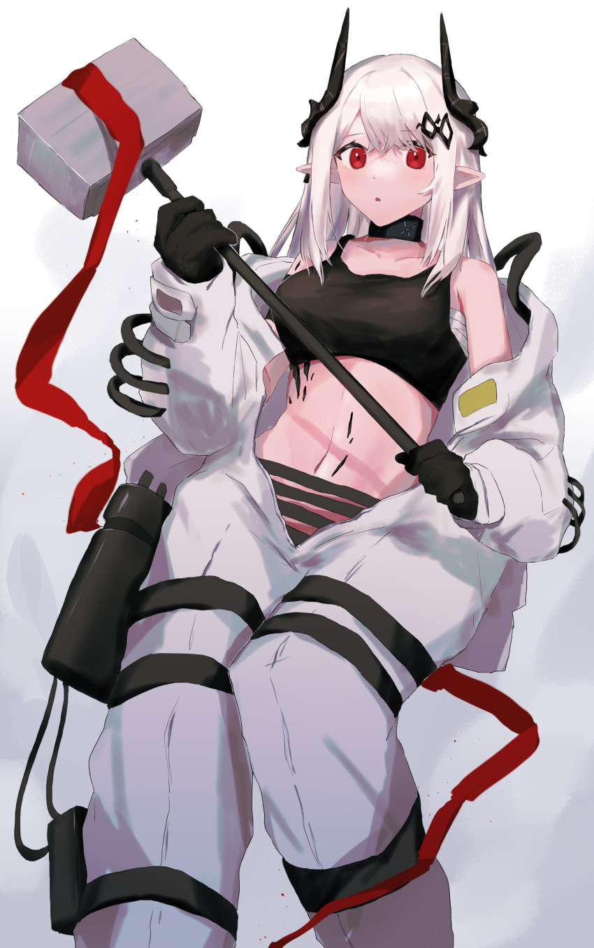 1girl absurdres arknights bangs bare_shoulders black_gloves commentary_request crop_top demon_girl demon_horns elite_ii_(arknights) gloves highres holding holding_weapon horns infection_monitor_(arknights) kohaku_sogo long_hair mudrock_(arknights) navel oripathy_lesion_(arknights) partial_commentary pointy_ears red_eyes silver_hair solo war_hammer weapon