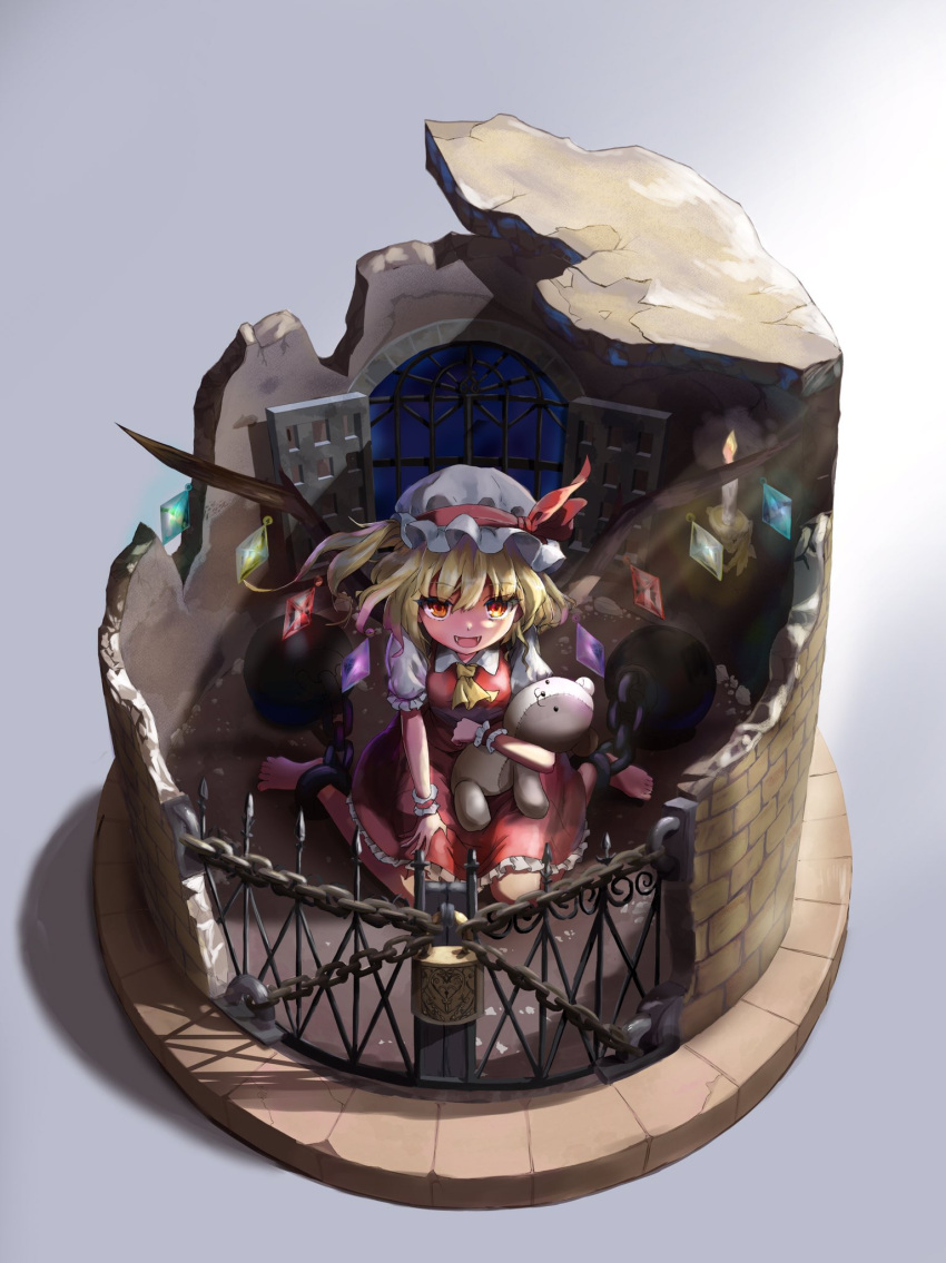 1girl ascot ball_and_chain_restraint bangs blonde_hair blush bororii_(brbrsalary) broken_wall candle candlestand chain crystal eyebrows_visible_through_hair flandre_scarlet frilled_skirt frills grey_background hair_between_eyes hat highres lock looking_at_viewer mob_cap open_mouth puffy_short_sleeves puffy_sleeves red_eyes red_skirt red_vest shirt short_hair short_sleeves side_ponytail simple_background skirt solo stuffed_animal stuffed_toy teddy_bear touhou vest white_shirt window wings yellow_ascot