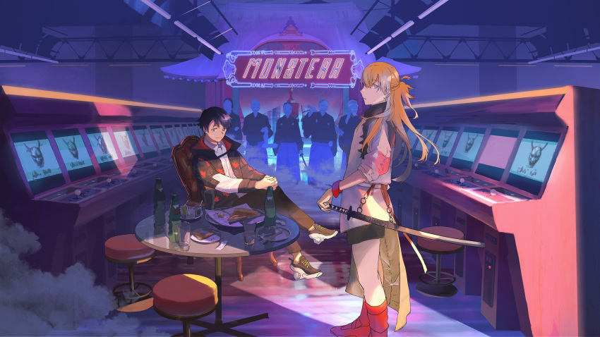 1girl 6+boys absurdres arcade black_pants bottle chair crossed_legs cup faceless faceless_male highres holding holding_sword holding_weapon indoors multiple_boys noasa original pants pizza_slice red_footwear scenery shoes sitting sneakers standing sword table weapon