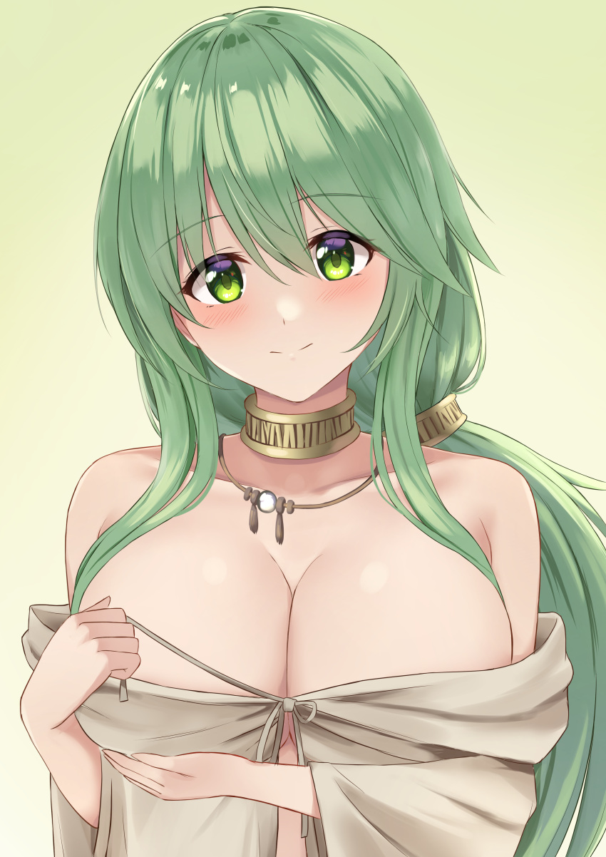 1girl absurdres alternate_breast_size arm_under_breasts bangs bare_shoulders blush breasts caam_serenity_of_gusto cleavage closed_mouth coat collar collarbone commentary_request commission duel_monster eyebrows_visible_through_hair green_background green_eyes green_hair grey_coat hair_between_eyes head_tilt highres jewelry large_breasts long_hair looking_at_viewer low_ponytail naked_coat necklace off_shoulder pixiv_request ponytail sidelocks simple_background smile solo standing untying upper_body yanazawa_ko yu-gi-oh!