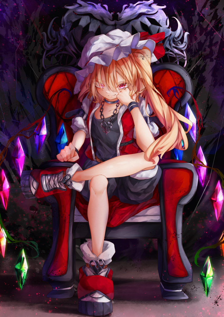 1girl alternate_costume bangs black_shirt black_shorts blonde_hair blush boots bow calpis118 chair closed_mouth commentary_request crystal dark_background darkness eyebrows_visible_through_hair flandre_scarlet hair_between_eyes hand_on_own_cheek hand_on_own_face hat hat_bow highres jacket jewelry leg_support light_particles looking_at_viewer mob_cap necklace on_chair one_side_up red_bow red_eyes red_footwear red_jacket shirt short_hair shorts sitting smile solo touhou white_headwear wings