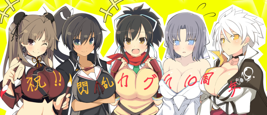 5girls ahoge asuka_(senran_kagura) asymmetrical_sleeves bangs bare_shoulders black_cape bow breasts brown_eyes brown_hair bun_cover calligraphy_brush cape cleavage clothes_writing detached_sleeves green_eyes green_neckerchief grey_hair hair_bow hair_ribbon high_collar highres homura_(senran_kagura) jacket jacket_on_shoulders japanese_clothes jewelry kimono large_breasts light_blue_eyes looking_at_viewer low_neckline midriff miyabi_(senran_kagura) multiple_girls navel neckerchief necklace off-shoulder_kimono official_style paintbrush parted_bangs puffy_short_sleeves puffy_sleeves renka_(senran_kagura) ribbon school_uniform senran_kagura short_hair short_ponytail short_sleeves spiked_hair sweater_vest tan tenpesuto tomoe_(symbol) uneven_sleeves vest white_bow white_hair white_jacket white_kimono white_ribbon yellow_eyes yellow_vest yumi_(senran_kagura)