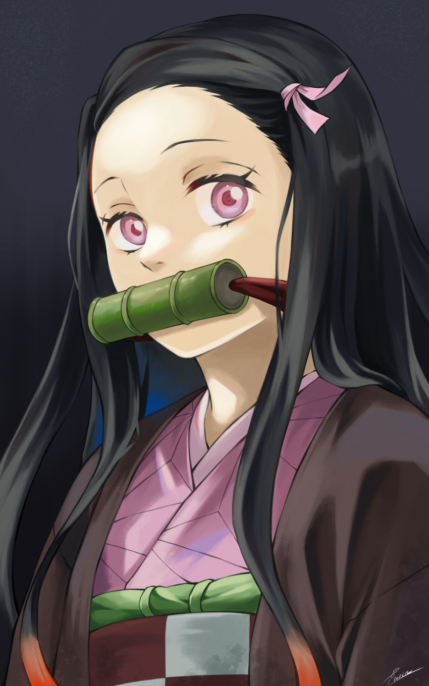 1girl absurdres bamboo bit_gag black_background black_hair checkered_obi face fengling_(furin-jp) gag highres japanese_clothes kamado_nezuko kimetsu_no_yaiba kimono long_hair looking_to_the_side mouth_hold pink_eyes pink_kimono pink_ribbon ribbon sidelocks solo upper_body