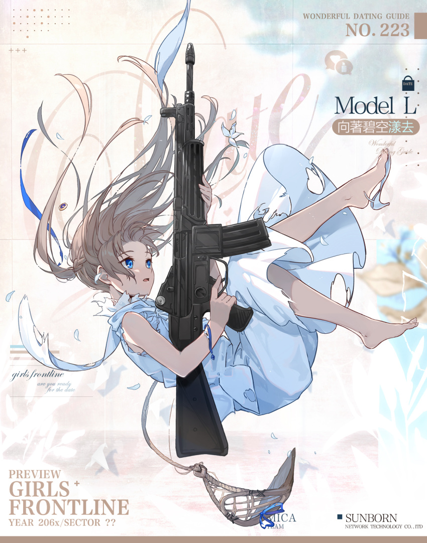 1girl assault_rifle bare_legs blonde_hair blue_eyes blue_ribbon bracelet braid character_name commentary_request copyright_name dress eyebrows_visible_through_hair falling french_braid full_body girls'_frontline gun hair_ribbon highres holding holding_gun holding_weapon jewelry kinoshita_neko long_hair looking_up model_l_(girls'_frontline) official_art open_mouth ribbon rifle shoes single_shoe solo torn_clothes torn_dress torn_shoes weapon white_dress white_footwear