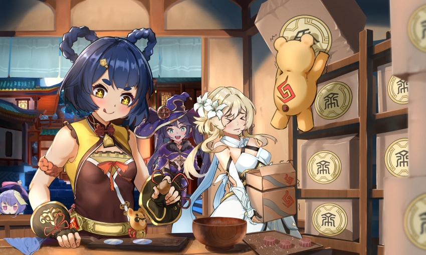 &gt;_&lt; 4girls absurdres bowl box carrying china_dress chinese_clothes dress fingerless_gloves food genshin_impact gloves guoba_(genshin_impact) hat highres lumine_(genshin_impact) md5_mismatch mid-autumn_festival mona_(genshin_impact) multiple_girls qiqi_(genshin_impact) shelf smile sparkling_eyes strive-wch witch_hat xiangling_(genshin_impact)