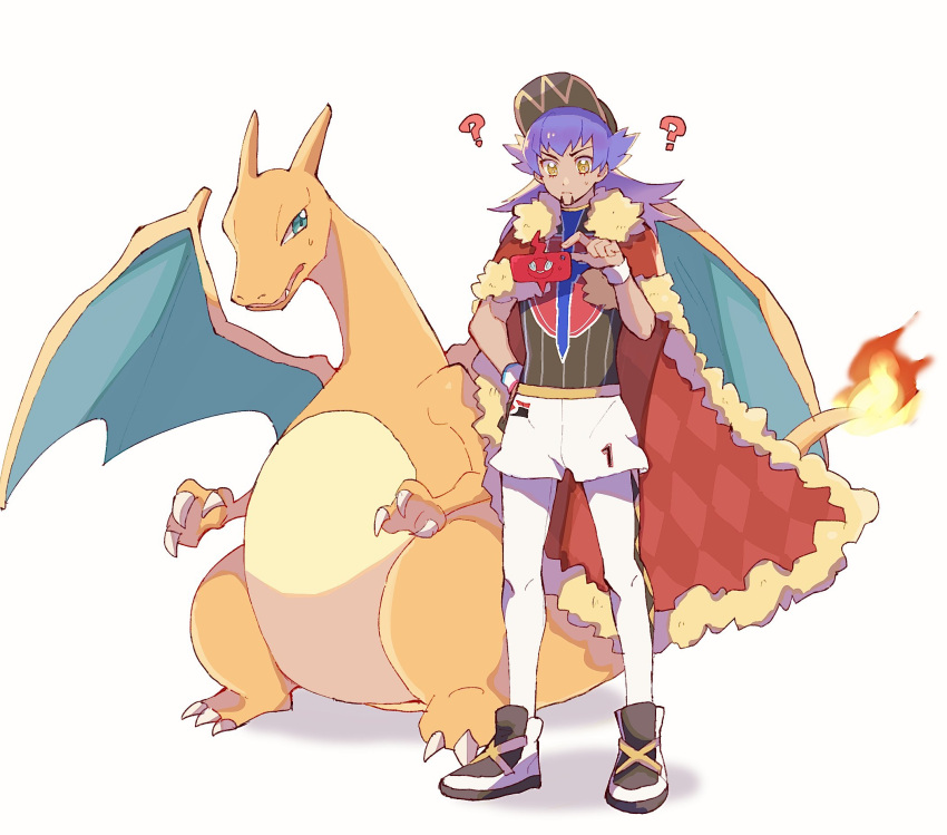 1boy ? argyle baseball_cap cape champion_uniform charizard closed_mouth commentary_request dark-skinned_male dark_skin dynamax_band facial_hair fire flame fur-trimmed_cape fur_trim hat highres leggings leon_(pokemon) long_hair male_focus pokemon pokemon_(creature) pokemon_(game) pokemon_swsh purple_hair red_cape shield_print shirt shoes short_shorts short_sleeves shorts standing sword_print tail-tip_fire white_legwear white_shorts yellow_eyes yuki_(pixiv17945343)