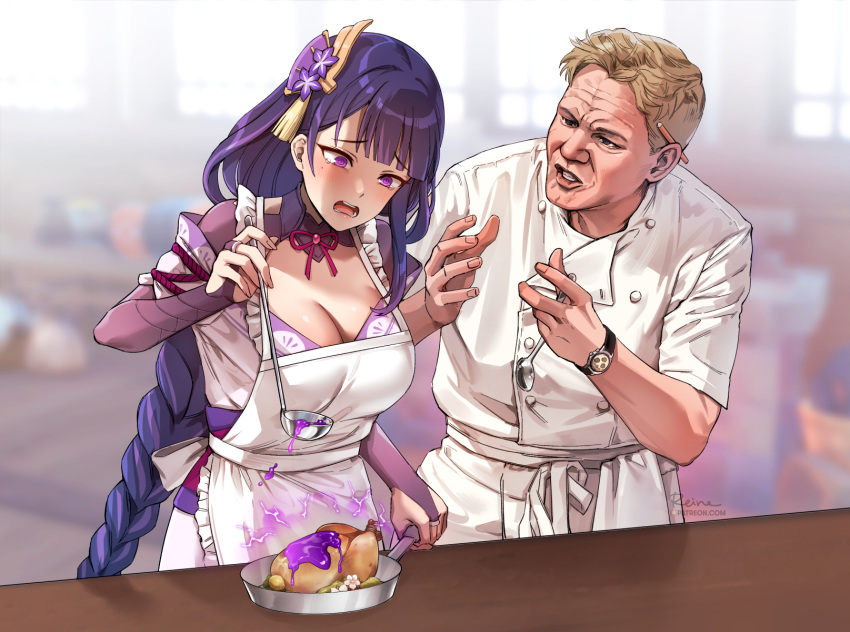 1boy 1girl @_@ apron bangs blonde_hair blunt_bangs blurry blurry_background braid braided_ponytail breasts bridal_gauntlets chef_uniform commentary crossover electricity english_commentary eyebrows_visible_through_hair food foxyreine frilled_apron frills frying_pan genshin_impact gordon_ramsay hair_ornament hand_up hands_up hell's_kitchen highres holding indoors ladle large_breasts long_hair mole mole_under_eye neck_ribbon obi open_mouth parted_lips purple_eyes purple_hair raiden_shogun raised_eyebrows real_life ribbon sash short_hair spoon tearing_up watch white_apron window wrinkled_skin wristwatch