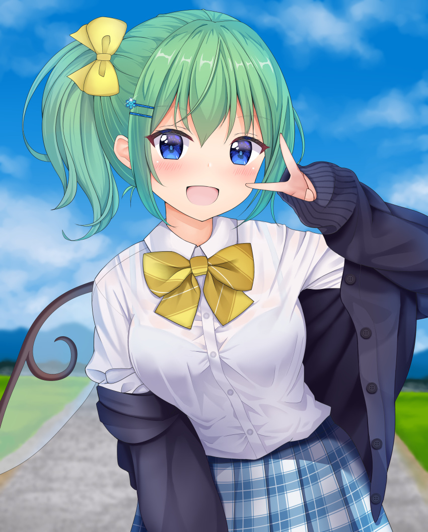 1girl :d absurdres alternate_costume bangs black_cardigan blue_eyes blue_skirt blush bow bowtie bra buttons cardigan collared_shirt daiyousei eyebrows_visible_through_hair fairy fairy_wings green_hair hair_between_eyes hair_bow hair_ornament hairclip highres long_hair long_sleeves open_cardigan open_clothes open_mouth outdoors plaid plaid_skirt pleated_skirt school_uniform see-through shirt side_ponytail sidelocks skirt sleeves_past_wrists smile solo suigetsu_(watermoon-910) touhou underwear upper_body v v_over_eye white_shirt wings yellow_bow yellow_bowtie