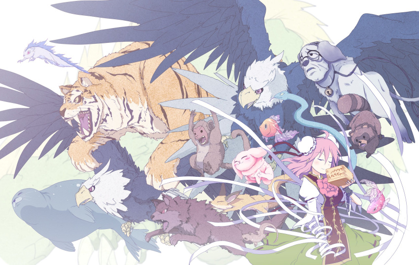 1girl ahoge animal_ears animal_on_arm bandages bangs bird breasts bunny chain closed_eyes commentary_request cuffs dog double_bun dragon eagle eastern_dragon eyebrows_visible_through_hair feathered_wings fish flower fox glasses goldfish green_skirt hair_between_eyes hands_up highres ibaraki_kasen jinmenken joyfull_(terrace) leaf lizard manzairaku medium_breasts monkey open_mouth pink_flower pink_hair puffy_short_sleeves puffy_sleeves raccoon_ears raccoon_tail raijuu red_vest ribbon seal_(animal) shackles shirt short_hair short_sleeves simple_background skirt snake tabard tail tiger touhou vest whiskers white_background white_shirt white_sleeves wings wolf