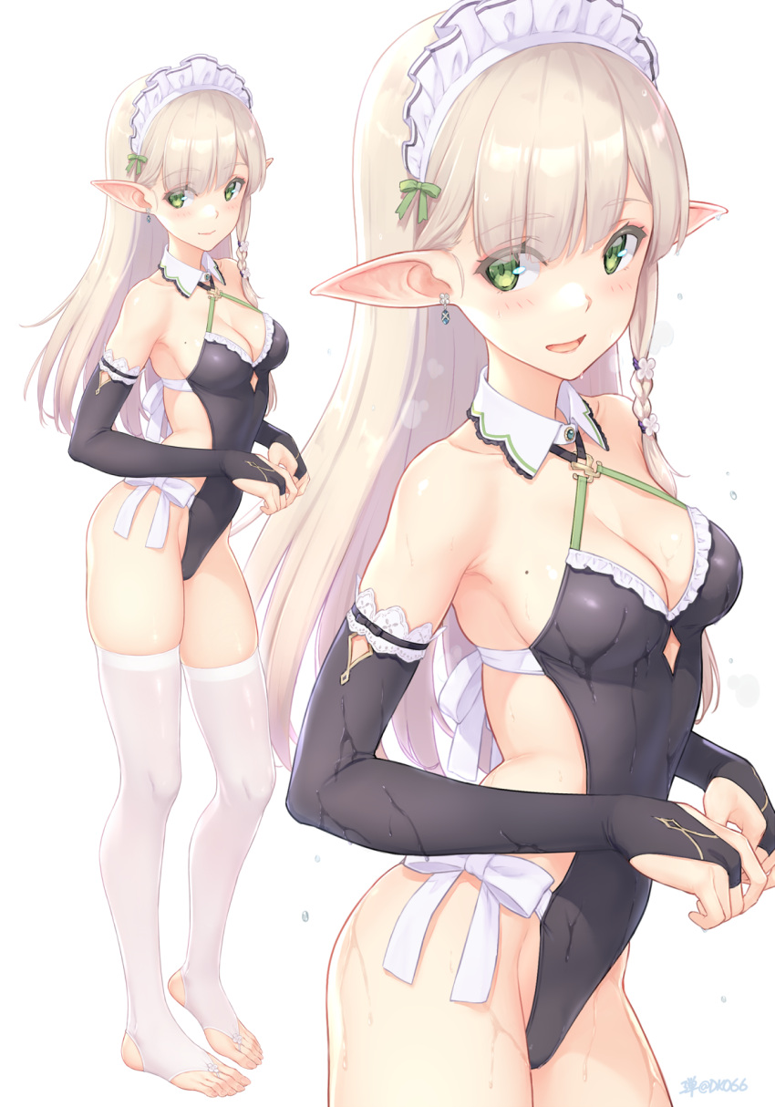 1girl bangs bare_shoulders blonde_hair blunt_bangs blush breasts cleavage cleavage_cutout closed_mouth clothing_cutout commentary dan_(kumadan) detached_collar elbow_gloves elf eyebrows_visible_through_hair frills full_body gloves green_eyes groin highres jewelry long_hair looking_at_viewer maid maid_headdress medium_breasts mole mole_on_breast multiple_views one-piece_swimsuit original pointy_ears revision shiny simple_background smile standing swimsuit thighhighs toeless_legwear wet wet_clothes white_background white_legwear
