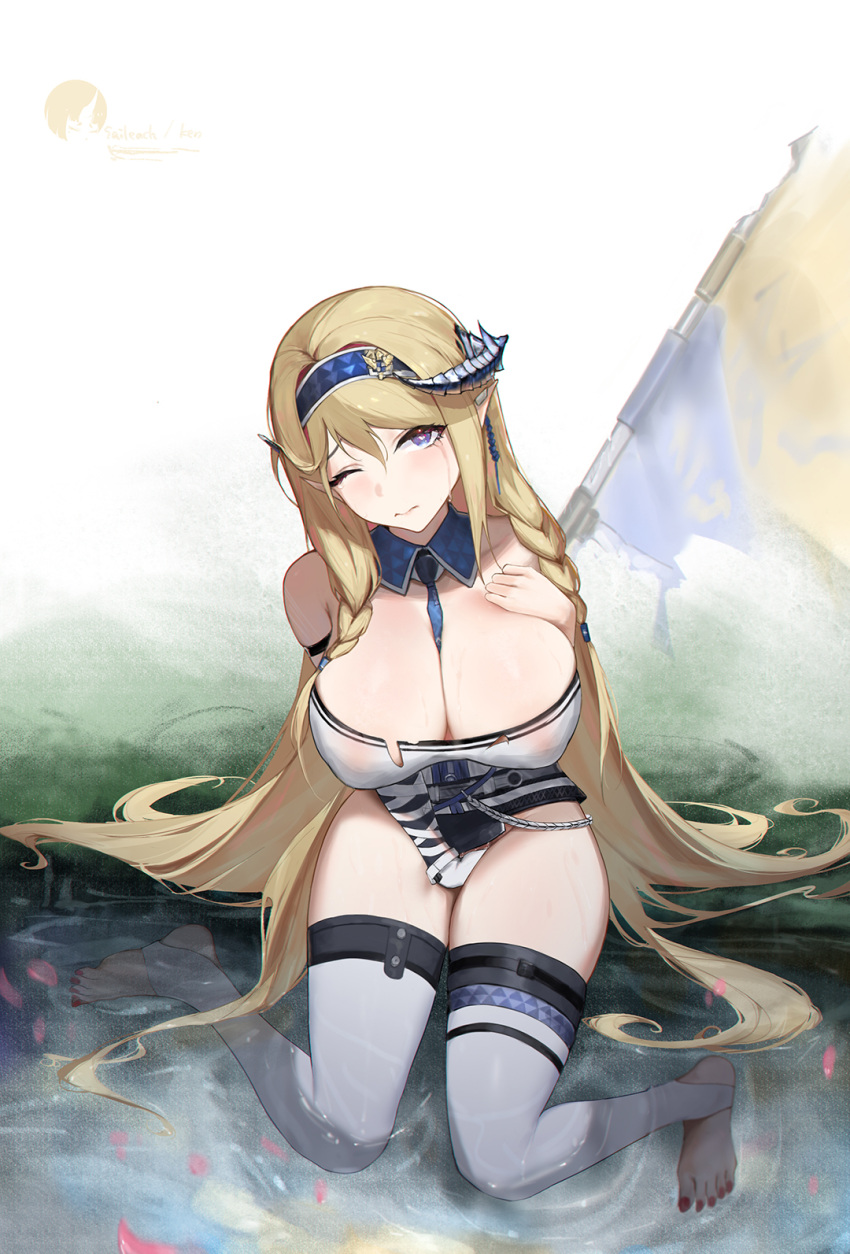 1girl arknights bare_shoulders blonde_hair blue_eyes blue_hairband blue_necktie blush bottomless braid breasts cleavage closed_mouth covered_nipples crying crying_with_eyes_open detached_collar dragon_horns flag full_body gloves hairband hand_on_own_chest heart heart-shaped_pupils highres horns large_breasts long_hair looking_at_viewer masturbation nail_polish necktie no_shoes petals pointy_ears red_nails saileach_(arknights) sawaki_ken single_glove skindentation solo stirrup_legwear symbol-shaped_pupils tears thighhighs toeless_legwear toenail_polish toenails twin_braids very_long_hair water white_gloves white_legwear