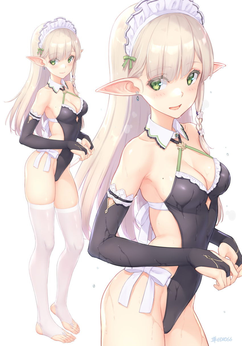 1girl bangs bare_shoulders blonde_hair blunt_bangs blush breasts casual_one-piece_swimsuit cleavage cleavage_cutout closed_mouth clothing_cutout commentary dan_(kumadan) detached_collar elbow_gloves elf eyebrows_visible_through_hair frills full_body gloves green_eyes groin highres jewelry long_hair looking_at_viewer maid maid_headdress md5_mismatch medium_breasts mole mole_on_breast multiple_views one-piece_swimsuit original pointy_ears shiny simple_background smile standing swimsuit thighhighs toeless_legwear wet wet_clothes white_background white_legwear