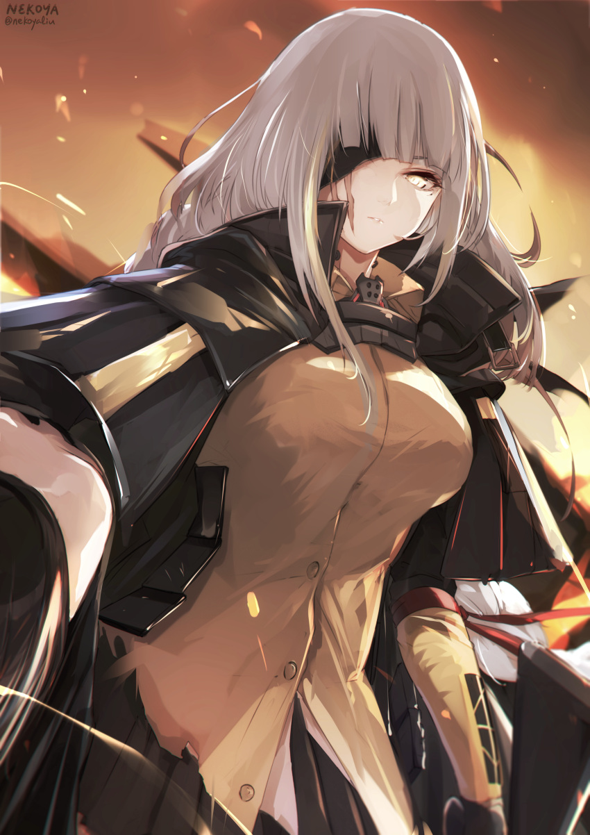 1girl absurdres assault_rifle braid braided_ponytail breasts cloak commentary_request eyepatch girls'_frontline gun highres large_breasts long_hair looking_at_viewer m16 m16a1 m16a1_(boss)_(girls'_frontline) m16a1_(girls'_frontline) multicolored_hair nekoya_(liu) pleated_skirt rifle sangvis_ferri scar scar_across_eye scar_on_face signature skirt solo streaked_hair twitter_username weapon white_hair yellow_eyes