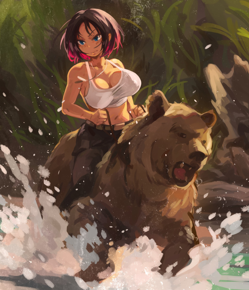 1girl absurdres animal bare_arms bare_shoulders bear black_pants blue_eyes bouncing_breasts breasts cleavage closed_mouth collarbone commentary crop_top elma_(maidragon) english_commentary forest gradient_hair highres holding holding_reins khyle. kobayashi-san_chi_no_maidragon large_breasts midriff multicolored_hair nature navel outdoors pants parody reins riding short_hair tank_top vladimir_putin water white_tank_top