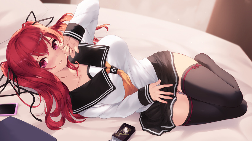 1girl ass_visible_through_thighs black_legwear black_ribbon black_sailor_collar black_skirt breasts cait_aron cellphone commentary full_body hair_ribbon hand_up highres long_hair long_sleeves looking_at_viewer medium_breasts naruse_mio neckerchief no_shoes on_bed orange_neckerchief phone pillow pleated_skirt purple_eyes red_hair ribbon sailor_collar shinmai_maou_no_testament shirt skirt sleeves_past_wrists solo thighhighs two_side_up white_shirt zettai_ryouiki
