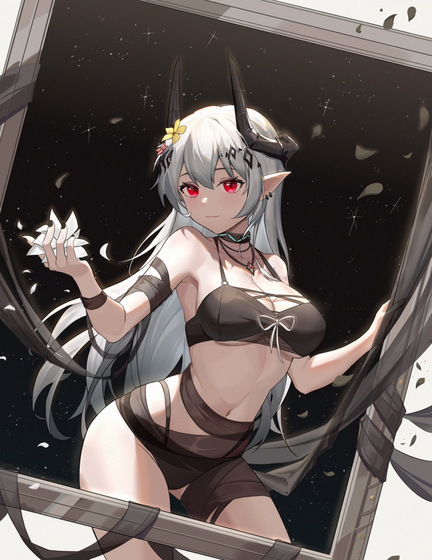 1girl absurdres arknights bangs bare_shoulders bikini black_bikini black_choker black_nails breasts choker cleavage commentary_request cowboy_shot flower groin hair_flower hair_ornament highres holding horns infection_monitor_(arknights) jewelry large_breasts long_hair mudrock_(arknights) mudrock_(silent_night)_(arknights) nail_polish navel necklace official_alternate_costume petals pointy_ears red_eyes sanmu silver_hair solo standing stomach swimsuit thighs very_long_hair