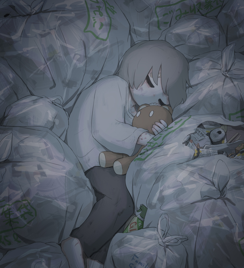 1boy absurdres avogado6 bandaid bandaid_on_forehead barefoot beer_can can child child_abuse closed_eyes commentary from_above from_side grey_hair highres male_focus object_hug original pants shirt sleeping solo stuffed_animal stuffed_toy teddy_bear trash_bag white_shirt