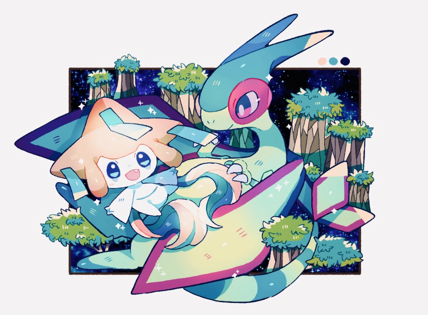 :d claws closed_mouth commentary_request fang flygon highres jirachi night no_humans open_mouth outdoors pokemon pokemon_(creature) ribbon shino_(shinoru_p) sky smile star_(sky)