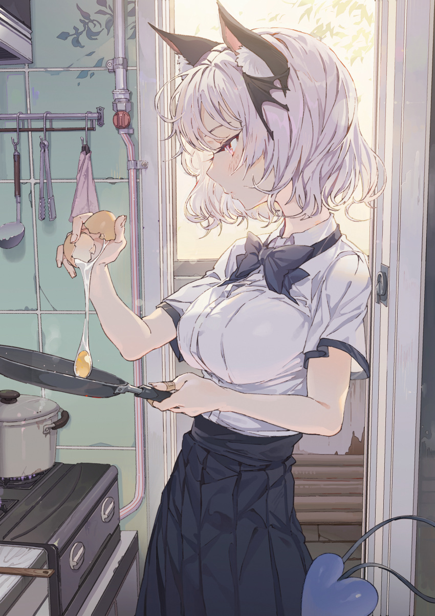 1girl absurdres animal_ear_fluff animal_ears bangs black_skirt blush breasts closed_mouth collared_shirt commentary_request cooking cracking_egg demon_tail egg frying_pan head_wings highres holding holding_egg holding_frying_pan hong indoors kitchen large_breasts looking_away luna_(hong) original pink_eyes pleated_skirt pot profile shirt short_hair short_sleeves skirt solo standing stove tail white_shirt
