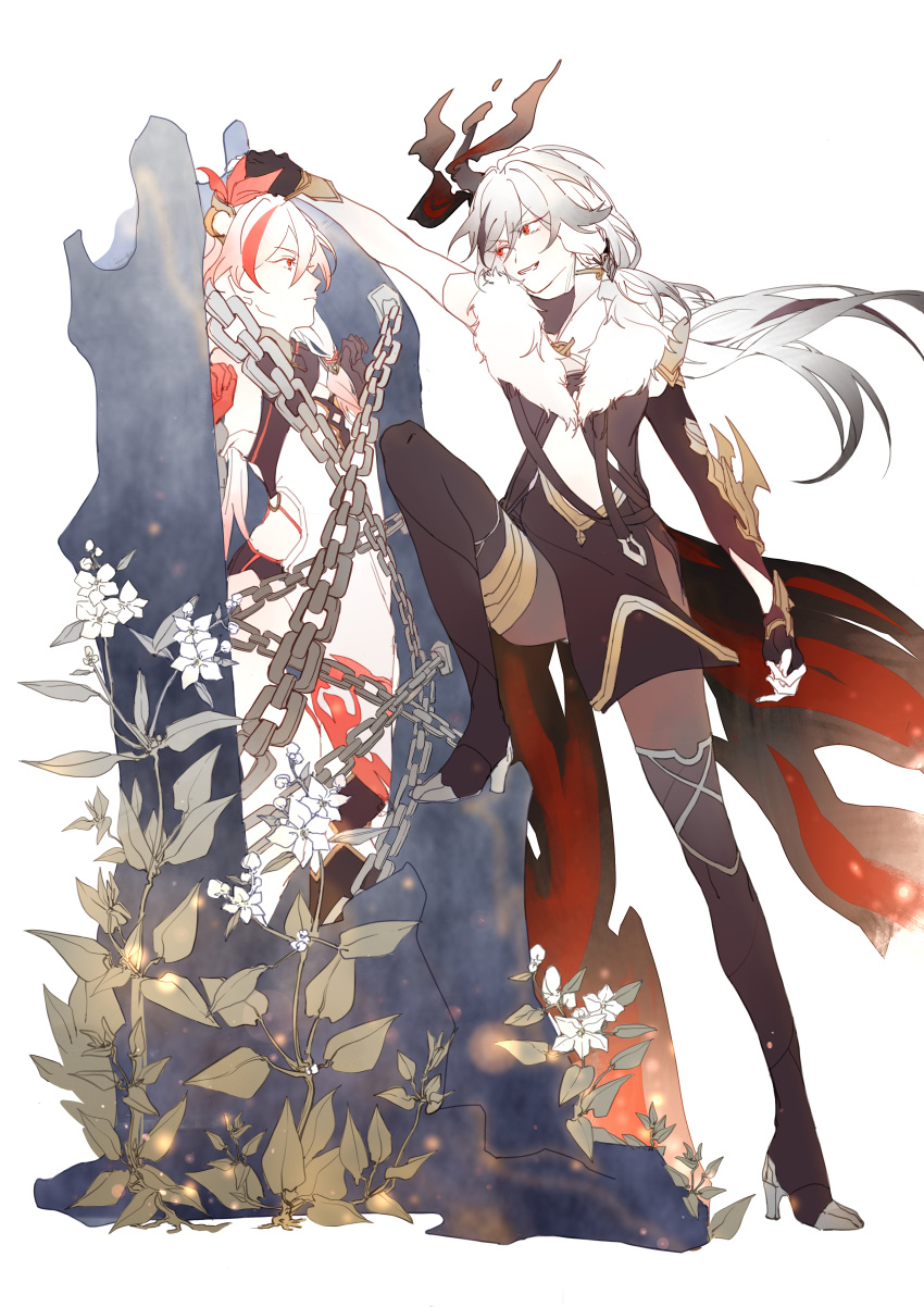2girls absurdres bangs black_footwear black_gloves boots chain china_dress chinese_clothes closed_mouth dress dual_persona flower fu_hua fu_hua_(herrscher_of_sentience) fu_hua_(phoenix) fu_hua_(valkyrie_accipter) full_body gloves grin hair_between_eyes hair_ornament highres honkai_(series) honkai_impact_3rd long_hair looking_at_another multicolored_hair multiple_girls nnikko open_mouth ponytail red_eyes simple_background single_sleeve smile streaked_hair teeth v-shaped_eyebrows white_background white_dress white_flower white_hair