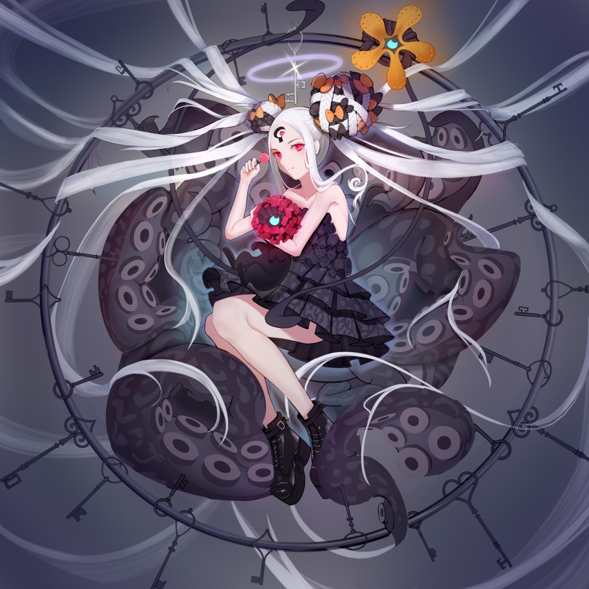 1girl abigail_williams_(fate) abigail_williams_(swimsuit_foreigner)_(fate) absurdres black_dress bow braid candy dress fate/grand_order fate_(series) floating food full_body hair_bow heroic_spirit_tour_outfit highres holding holding_candy holding_food holding_lollipop keyhole lollipop looking_at_viewer multiple_bows orange_bow pale_skin red_eyes solo tentacles white_hair
