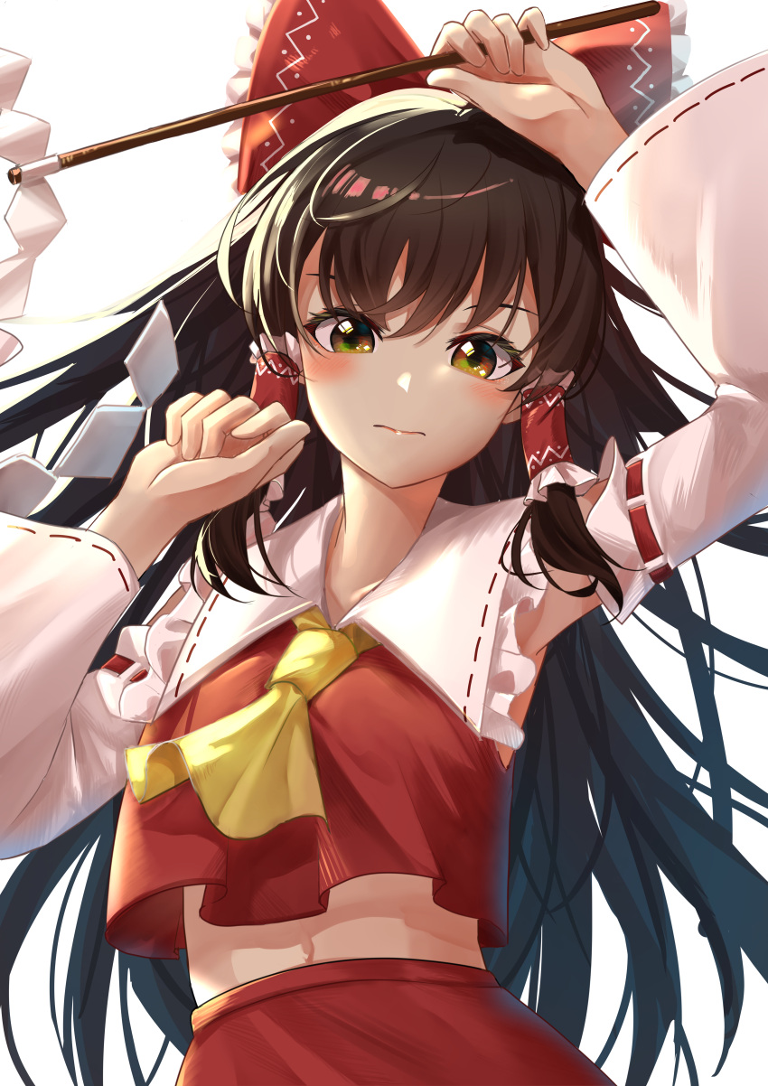 1girl absurdres arm_above_head arm_up armpit_peek ascot bangs bow brown_eyes brown_hair closed_mouth commentary_request detached_sleeves expressionless eyebrows_behind_hair frilled_bow frilled_shirt_collar frills gohei hair_between_eyes hair_bow hakurei_reimu hand_up highres holding holding_stick hp2 long_hair long_sleeves looking_at_viewer midriff navel red_bow red_skirt red_vest simple_background skirt solo stick touhou upper_body very_long_hair vest white_background wide_sleeves yellow_ascot