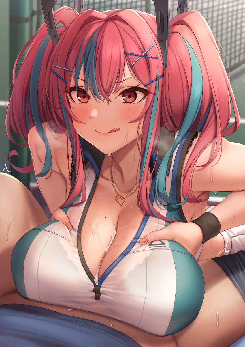 1boy 1girl absurdres azur_lane bangs bare_shoulders black_bra blue_hair blue_shirt blush bra bra_visible_through_clothes breast_squeeze breasts bremerton_(azur_lane) bremerton_(scorching-hot_training)_(azur_lane) cleavage closed_mouth clothes_pull collarbone commentary_request crop_top cum cum_on_body cum_on_breasts eyebrows_visible_through_hair hair_ornament heart heart_necklace hetero highres large_breasts licking_lips long_hair looking_at_viewer momo_no_sukebe multicolored_hair necktie official_alternate_costume open_mouth paizuri paizuri_under_clothes pants pants_pull pink_eyes pink_hair red_eyes shirt sleeveless sleeveless_shirt smile sportswear spread_legs streaked_hair sweat tennis_court tennis_uniform tongue tongue_out trembling twintails two-tone_shirt underwear x_hair_ornament