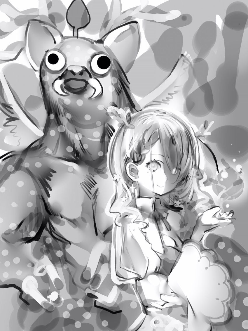 1girl antlers ceres_fauna closed_mouth creature greyscale hand_up highres hololive hololive_english long_hair long_sleeves looking_at_viewer mole mole_under_eye monochrome nanashi_(nlo) neck_ribbon ribbon sketch smile spore_(game) virtual_youtuber