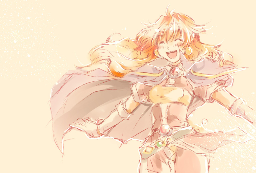 1girl :d ^_^ bandeau belt blush bracelet brooch cape closed_eyes earrings elbow_gloves floating_cape floating_hair gem gloves gold_bracelet gold_earrings happy high_collar highres jewelry lina_inverse long_hair loose_belt open_mouth orange_hair short_sleeves simple_background sketch slayers smile solo sukara-san teeth tunic upper_teeth very_long_hair