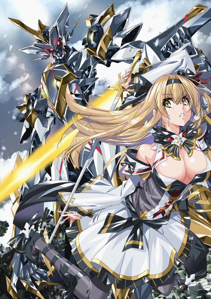 1girl absurdres aramis_(final_gear) black_hairband blonde_hair breasts cleavage cloud detached_sleeves dress final_gear floating_hair glowing glowing_eye hairband highres holding holding_sword holding_weapon large_breasts looking_down mecha paintedmike parted_lips red_eyes science_fiction sky snowing sword taysia_graft_(final_gear) weapon white_dress