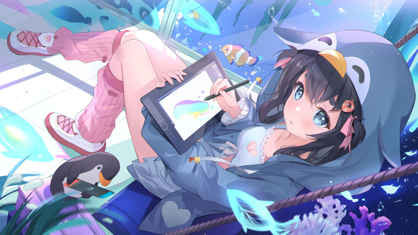 1girl absurdres bangs bird black_hair blue_eyes breasts character_request cleavage cleavage_cutout clothing_cutout fish hair_ornament hair_ribbon highres holding holding_pen long_sleeves looking_at_viewer open_mouth parted_lips pen penguin pink_ribbon ribbon shoes sitting skirt socks somna swing virtual_youtuber