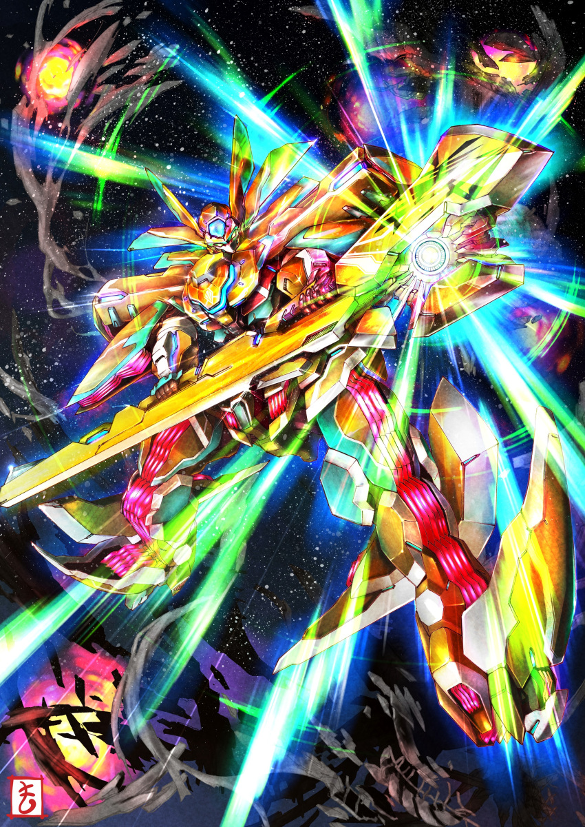 absurdres blue_eyes explosion glowing head_tilt highres holding holding_sword holding_weapon looking_down matutoya mecha no_humans original science_fiction solo space sword weapon