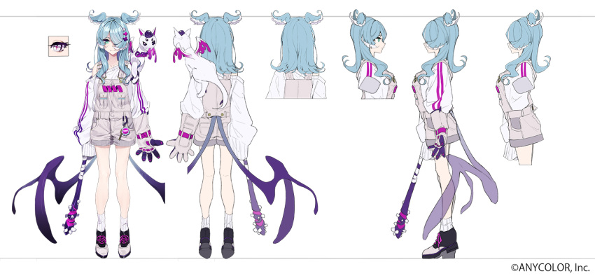 +_+ 1girl blue_hair character_sheet closed_mouth club_(weapon) commentary creature dragon dragon_girl elira_pendora english_commentary full_body gloves green_eyes grey_overalls hair_ornament hair_over_one_eye head_wings holding holding_weapon kamameshi_gougoumaru long_hair long_sleeves looking_at_viewer low_wings mole multicolored_hair multiple_views nijisanji nijisanji_en off_shoulder official_art one_eye_covered overalls oversized_forearms oversized_limbs pikl_(elira_pendora) purple_eyes shoes simple_background sleeves_past_fingers sleeves_past_wrists smile socks spiked_club standing symbol-shaped_pupils virtual_youtuber weapon white_background white_legwear wings x_hair_ornament