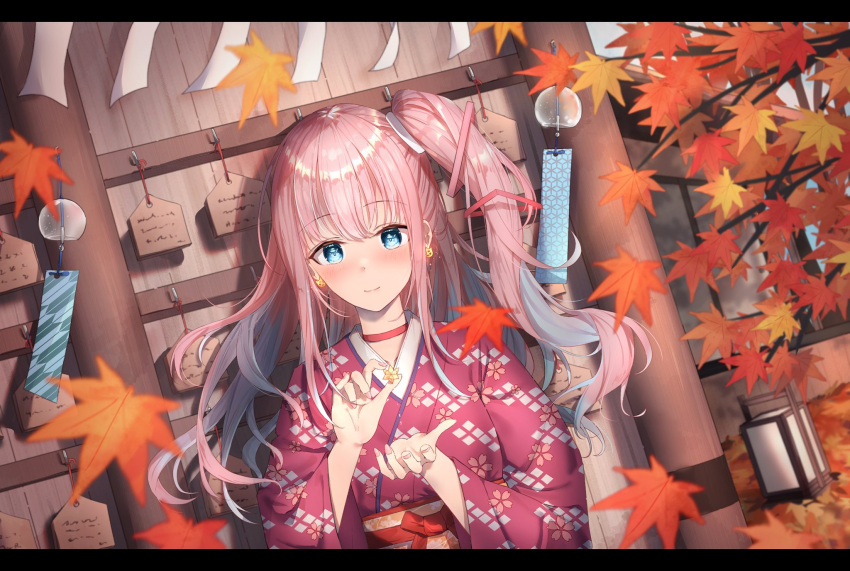 1girl bangs blue_eyes blush cherry_blossom_print choker commentary_request ema eyebrows_visible_through_hair fingernails floral_print highres japanese_clothes kimono leaf looking_at_viewer maple_leaf nail_polish obi one_side_up outdoors pink_hair pink_nails propro_production red_choker red_kimono sash solo virtual_youtuber yumesaki_mia yumesakimia