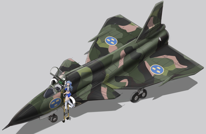 1girl aircraft airplane blue_eyes blue_hair blue_skirt boots breasts coat_of_arms fighter_jet gotland_(kancolle) high_heel_boots high_heels highres jet kantai_collection large_breasts long_hair military military_vehicle miniskirt official_alternate_costume pencil_skirt race_queen redundant-cat roundel saab_viggen sheep shrug_(clothing) skirt solo svenska_flygvapnet thigh_boots thighhighs tre_kronor white_footwear