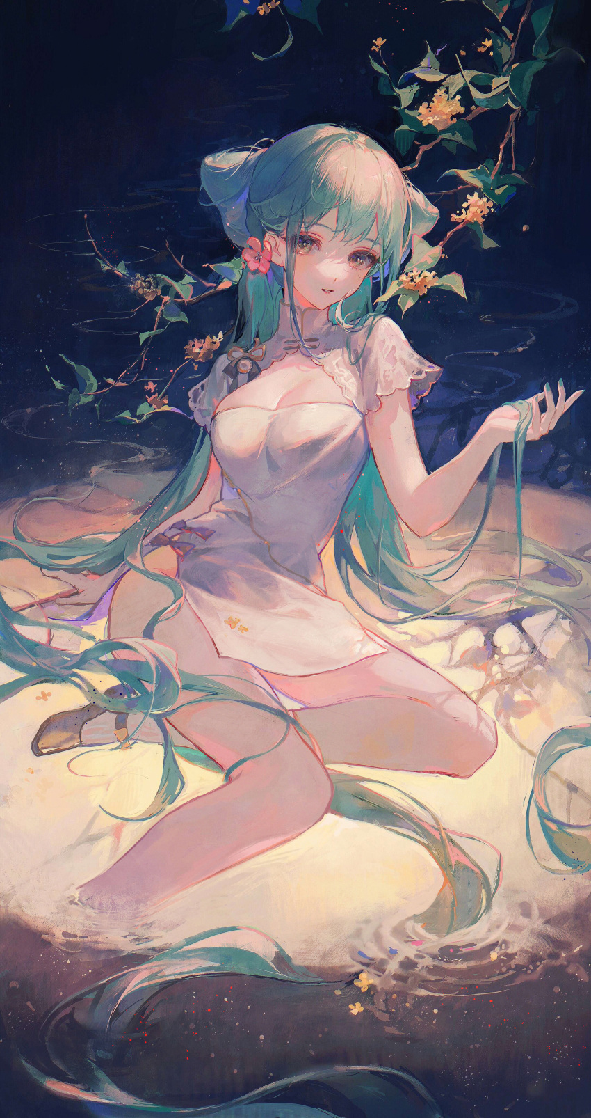 1girl absurdres aqua_hair branch breasts china_dress chinese_clothes cleavage cleavage_cutout clothing_cutout commentary double_bun dress flower gold_footwear hair_flower hair_ornament hand_up hatsune_miku highres holding holding_hair leaf long_hair looking_at_viewer maccha_(mochancc) medium_breasts red_flower shaohua_hatsune_miku short_sleeves side_slit solo very_long_hair vocaloid white_dress