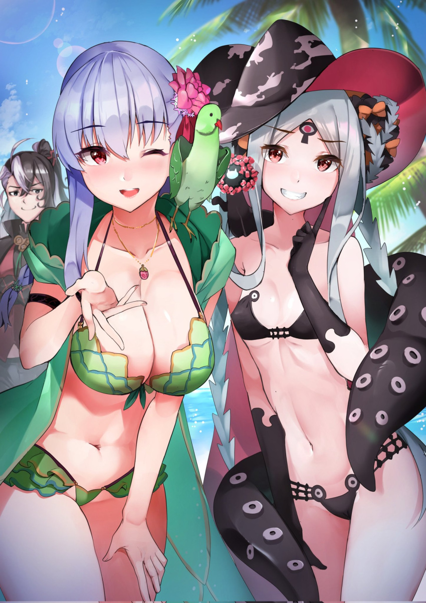 1boy 2girls abigail_williams_(fate) abigail_williams_(swimsuit_foreigner)_(fate) ahoge alternate_costume animal animal_on_shoulder armlet ashiya_douman_(fate) bangs bikini bird bird_on_shoulder black_bikini black_bow black_cat black_eyes black_gloves black_hair black_swimsuit blue_sky bow breasts cat cleavage closed_mouth cloud collarbone commentary_request day double_bun elbow_gloves eyebrows_visible_through_hair fate/grand_order fate_(series) fingernails flower forehead gloves green_bikini green_swimsuit green_vest grey_hair hair_between_eyes hair_bow hair_bun hair_flower hair_ornament hat highres index_finger_raised japanese_clothes jewelry kama_(fate) kama_(swimsuit_avenger)_(fate) keyhole large_breasts long_hair looking_at_viewer multicolored_hair multiple_girls navel one_eye_closed open_mouth orange_bow outdoors palm_tree parakeet pendant pink_flower ponytail reaching reaching_out red_eyes sezoku sidelocks silver_hair sky small_breasts smile sunlight swimsuit teeth tentacles tree two-tone_hair upper_teeth vest white_hair
