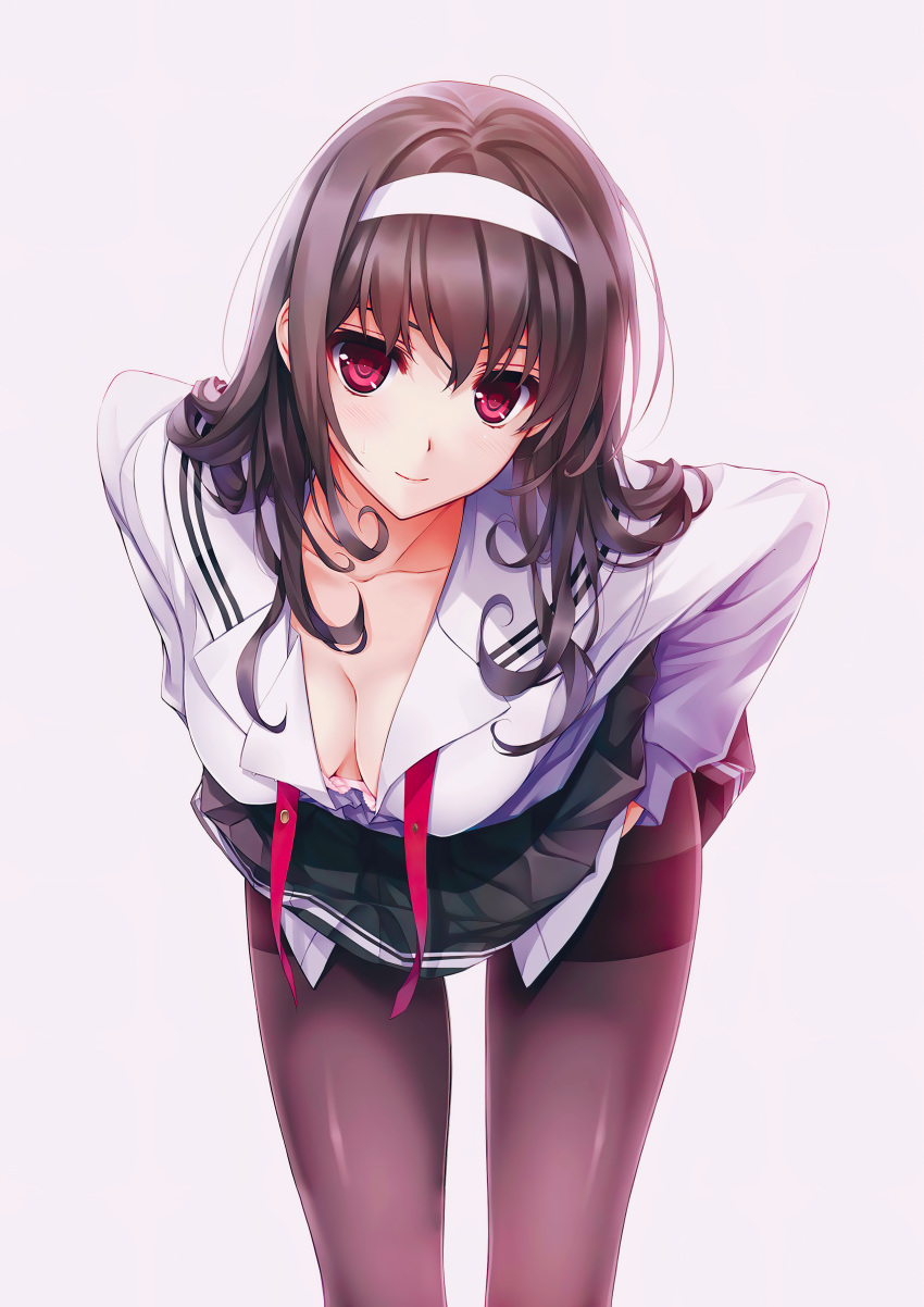 1girl absurdres bangs black_hair black_legwear blush breasts closed_mouth collarbone hair_ornament hairband highres kasumigaoka_utaha leaning_forward lips long_hair long_sleeves looking_at_viewer medium_breasts misaki_kurehito page_number pantyhose pleated_skirt red_eyes saenai_heroine_no_sodatekata sailor school_uniform shiny shiny_clothes simple_background skirt smile solo thighband_pantyhose third-party_edit white_background white_hairband